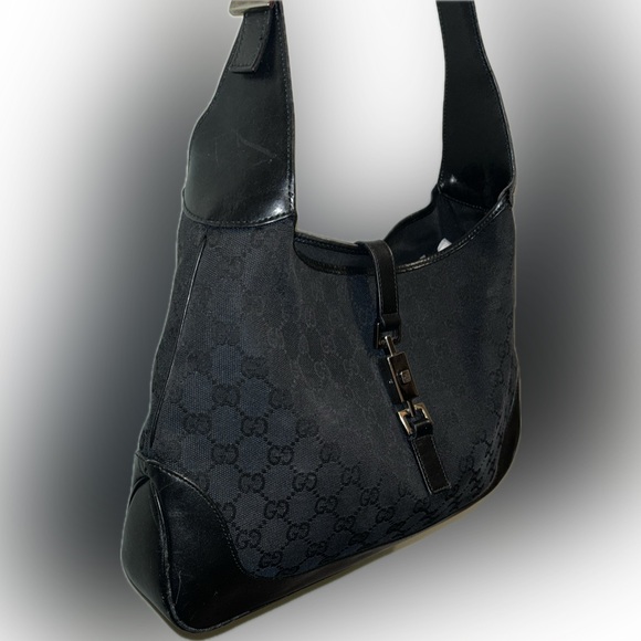 Vintage Gucci Jackie Black Monogram Logo Canvas Leather Luxe Shoulder Bag Purse - Picture 3 of 16
